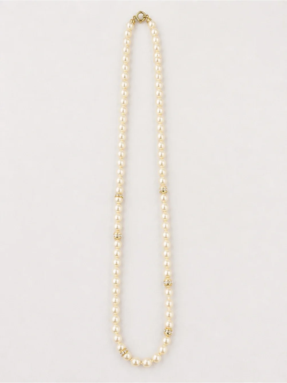 J.Crew Long Strand Faux Pearl Necklace Gold Rhinestone Accents